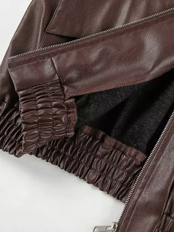 Veste de motarde femme en similicuir - Manteau moto rétro oversize à col à revers - Fermeture éclair vintage - Collection printemps 2026
