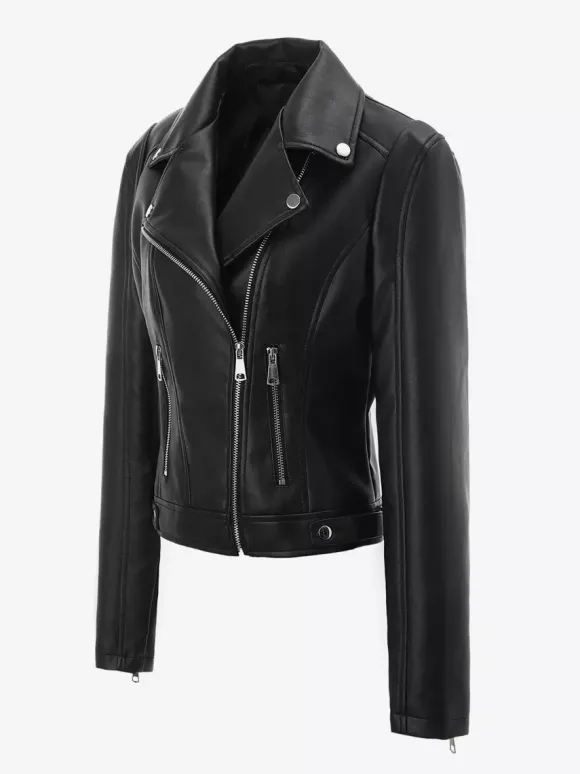 Veste de moto courte quatre couleurs col à revers fermeture éclair diagonale coupe ajustée manches longues vêtement d'extérieur