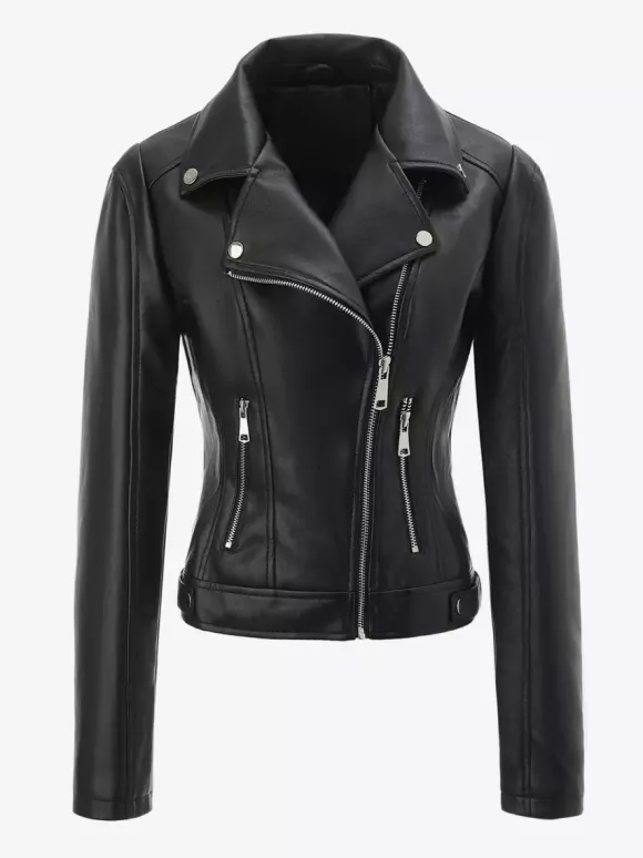 Veste de moto courte quatre couleurs col à revers fermeture éclair diagonale coupe ajustée manches longues vêtement d'extérieur