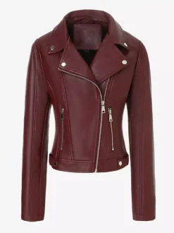 Veste de moto courte quatre couleurs col à revers fermeture éclair diagonale coupe ajustée manches longues vêtement d'extérieur