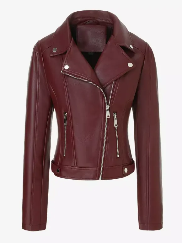 Veste de moto courte quatre couleurs col à revers fermeture éclair diagonale coupe ajustée manches longues vêtement d'extérieur
