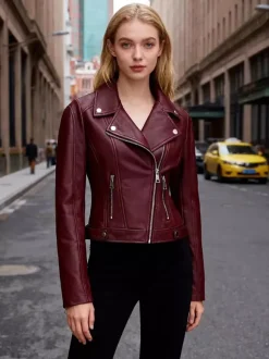 Veste de moto courte quatre couleurs col à revers fermeture éclair diagonale coupe ajustée manches longues vêtement d'extérieur