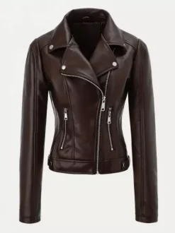 Veste de moto courte quatre couleurs col à revers fermeture éclair diagonale coupe ajustée manches longues vêtement d'extérieur