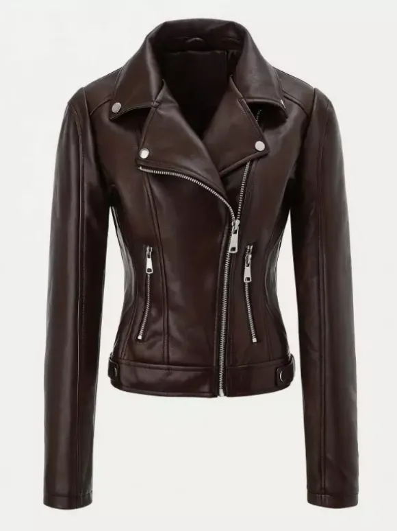 Veste de moto courte quatre couleurs col à revers fermeture éclair diagonale coupe ajustée manches longues vêtement d'extérieur