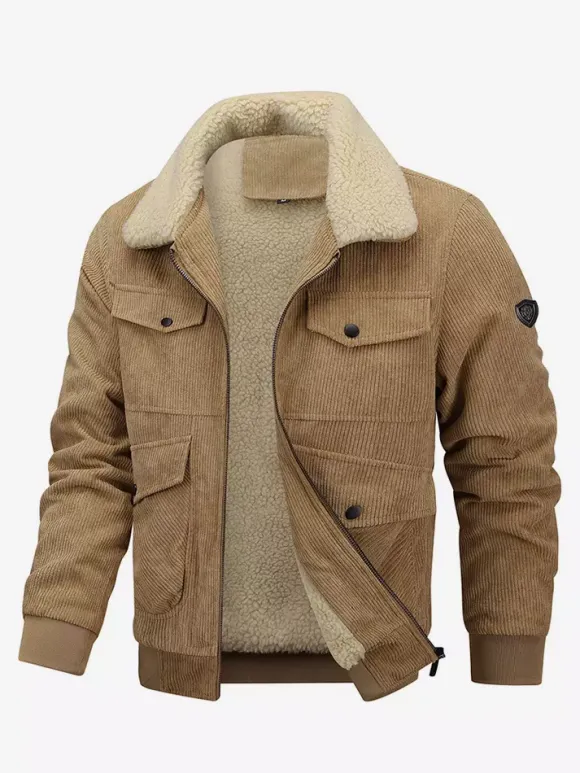 Veste d'hiver en velours côtelé grande taille pour homme doublure polaire avec quatre poches à rabat sur le devant