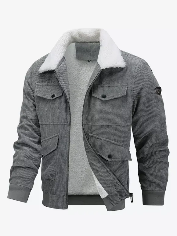 Veste d'hiver en velours côtelé grande taille pour homme doublure polaire avec quatre poches à rabat sur le devant