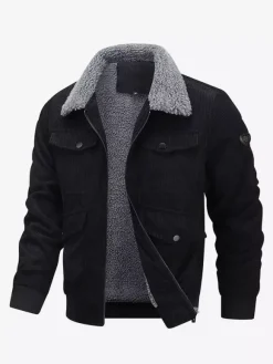 Veste d'hiver en velours côtelé grande taille pour homme doublure polaire avec quatre poches à rabat sur le devant