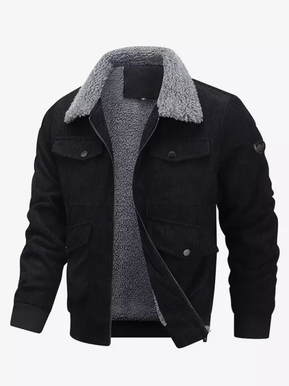 Veste d'hiver en velours côtelé grande taille pour homme doublure polaire avec quatre poches à rabat sur le devant