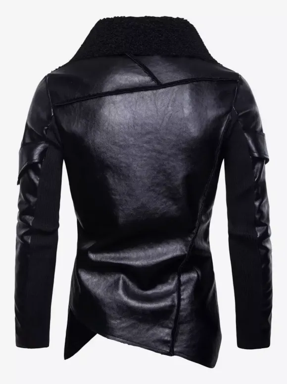 Veste en cuir pour homme avec col en fausse fourrure irrégulière Veste de moto en cuir PU