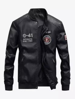 Veste en cuir pour homme veste de moto à col montant avec fermeture éclair et doublure