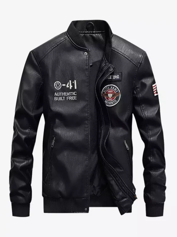 Veste en cuir pour homme veste de moto à col montant avec fermeture éclair et doublure