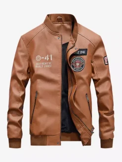 Veste en cuir pour homme veste de moto à col montant avec fermeture éclair et doublure
