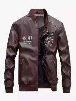 Veste en cuir pour homme veste de moto à col montant avec fermeture éclair et doublure