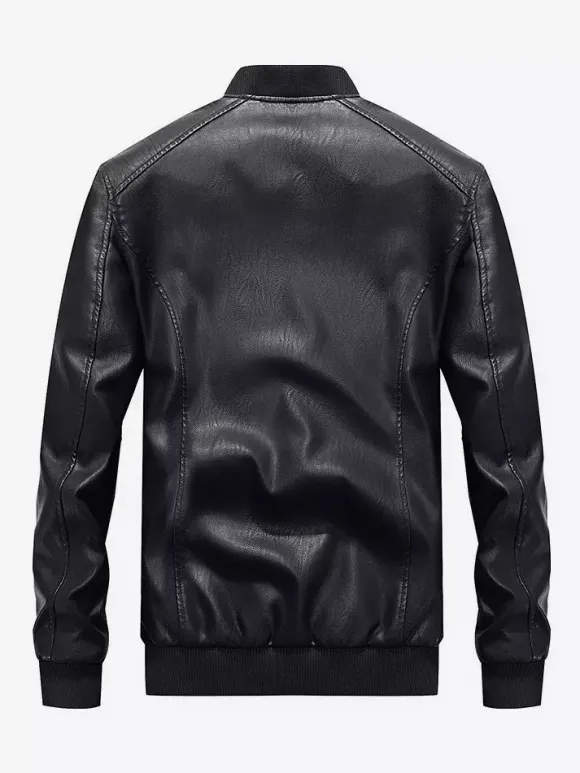 Veste en cuir pour homme veste de moto à col montant avec fermeture éclair et doublure