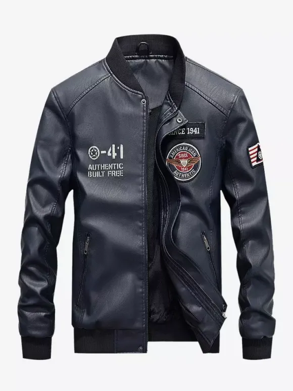 Veste en cuir pour homme veste de moto à col montant avec fermeture éclair et doublure