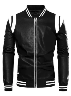 Veste en cuir unisexe grande taille pour homme couleur unie rayée fermeture éclair col montant vestes de moto
