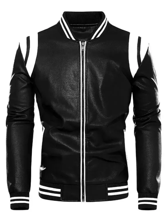 Veste en cuir unisexe grande taille pour homme couleur unie rayée fermeture éclair col montant vestes de moto