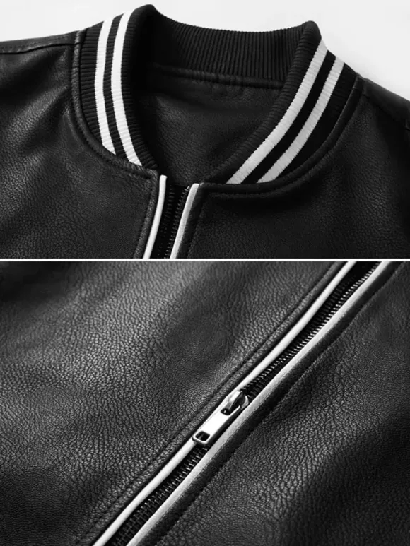 Veste en cuir unisexe grande taille pour homme couleur unie rayée fermeture éclair col montant vestes de moto