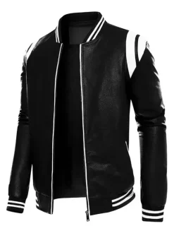 Veste en cuir unisexe grande taille pour homme couleur unie rayée fermeture éclair col montant vestes de moto