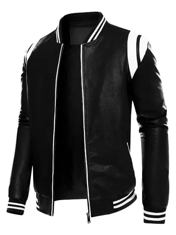 Veste en cuir unisexe grande taille pour homme couleur unie rayée fermeture éclair col montant vestes de moto