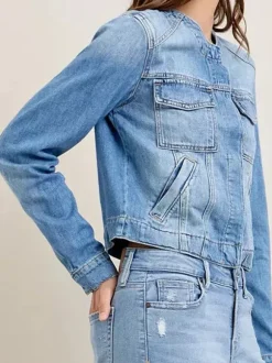 Veste en jean délavé vintage pour femme - Manteau trucker bleu rétro à simple boutonnage et coupe ample - Style streetwear décontracté printemps 2026