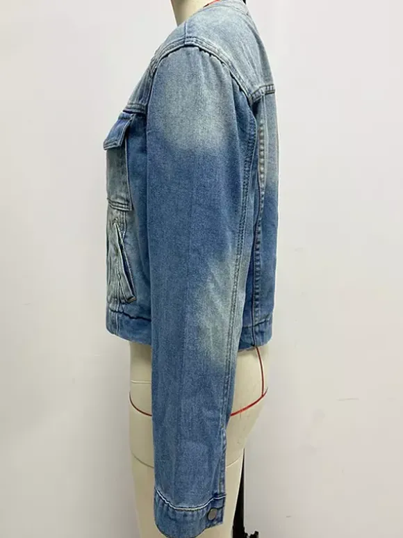 Veste en jean délavé vintage pour femme - Manteau trucker bleu rétro à simple boutonnage et coupe ample - Style streetwear décontracté printemps 2026