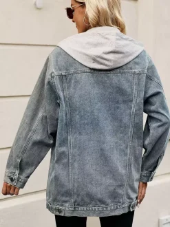 Veste en jean oversize à capuche pour femme - Manteau trucker long coupe boyfriend effet usé - Streetwear chic printemps 2026