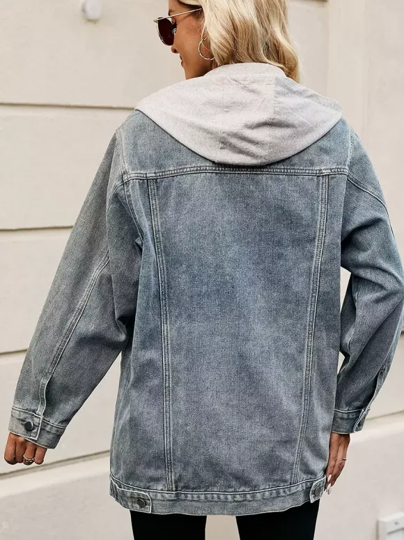 Veste en jean oversize à capuche pour femme - Manteau trucker long coupe boyfriend effet usé - Streetwear chic printemps 2026
