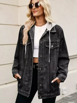 Veste en jean oversize à capuche pour femme - Manteau trucker long coupe boyfriend effet usé - Streetwear chic printemps 2026