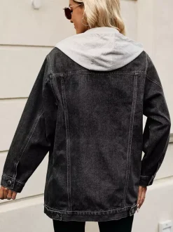 Veste en jean oversize à capuche pour femme - Manteau trucker long coupe boyfriend effet usé - Streetwear chic printemps 2026