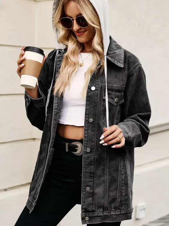 Veste en jean oversize à capuche pour femme - Manteau trucker long coupe boyfriend effet usé - Streetwear chic printemps 2026