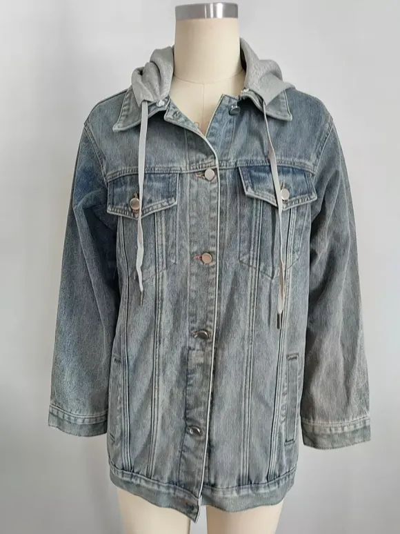 Veste en jean oversize à capuche pour femme - Manteau trucker long coupe boyfriend effet usé - Streetwear chic printemps 2026