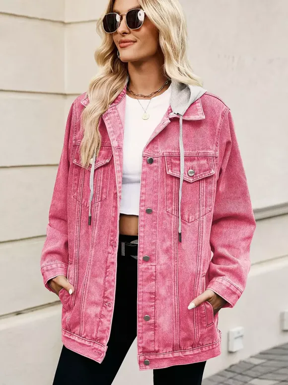 Veste en jean oversize à capuche pour femme - Manteau trucker long coupe boyfriend effet usé - Streetwear chic printemps 2026