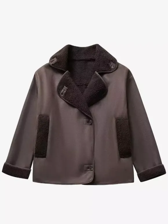 Veste en similicuir aux tons Maillard Revers en fausse peau de mouton Vêtements d'extérieur de printemps surdimensionnés pour femmes 2026