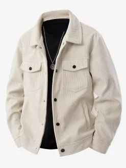 7. Veste en velours côtelé pour homme manches longues poches poitrine à rabat et poches latérales coupe-vent et durable style rétro