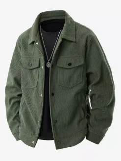 7. Veste en velours côtelé pour homme manches longues poches poitrine à rabat et poches latérales coupe-vent et durable style rétro