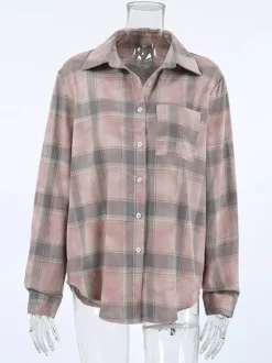 Veste femme à col rabattu cardigan à carreaux décontracté à manches longues