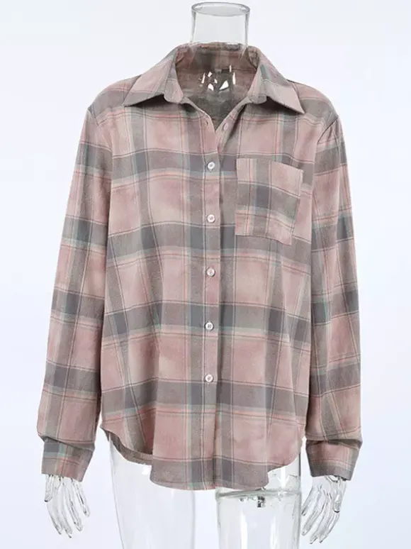 Veste femme à col rabattu cardigan à carreaux décontracté à manches longues