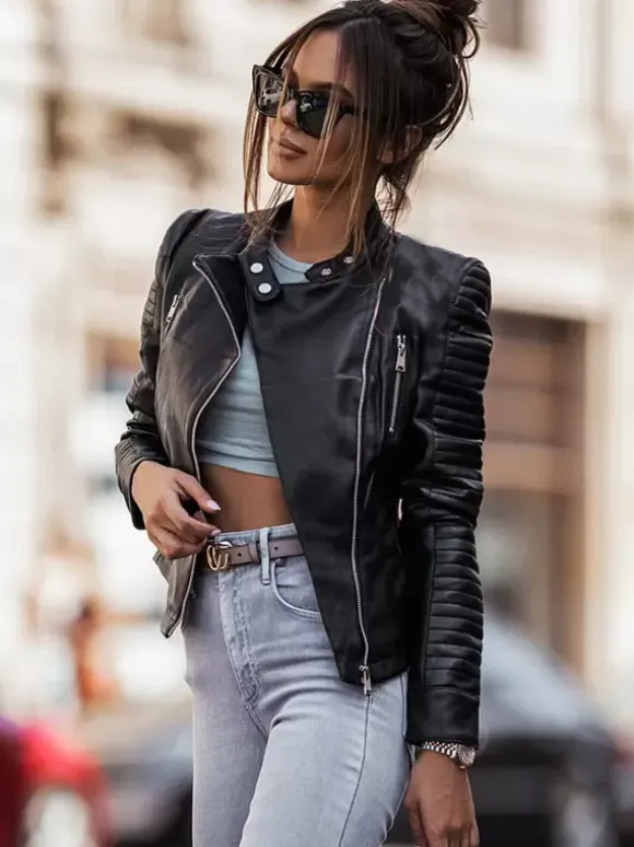 Veste Femme Col Rond Détails Métal Cuir PU