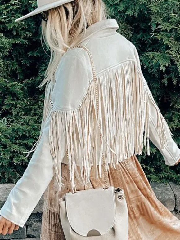 Veste Femme Courte à Col Revers avec Franges avec Manches Longues Unicolore