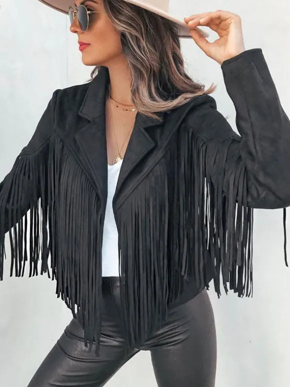 Veste Femme Courte à Col Revers avec Franges avec Manches Longues Unicolore