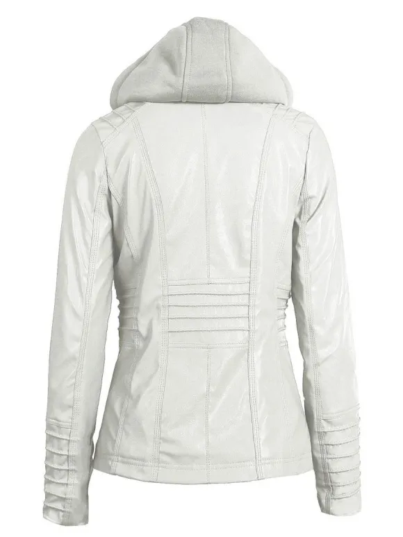 Veste Femme en Cuir Synthétique à Capuche avec Manches Longues à Zip Unicolore