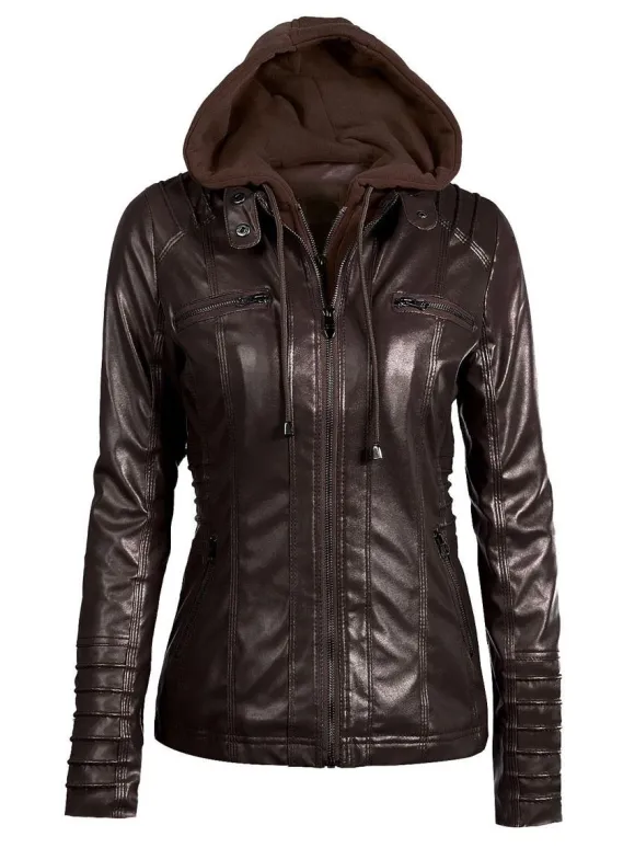 Veste Femme en Cuir Synthétique à Capuche avec Manches Longues à Zip Unicolore