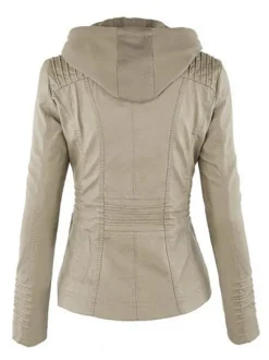 Veste Femme en Cuir Synthétique à Capuche avec Manches Longues à Zip Unicolore