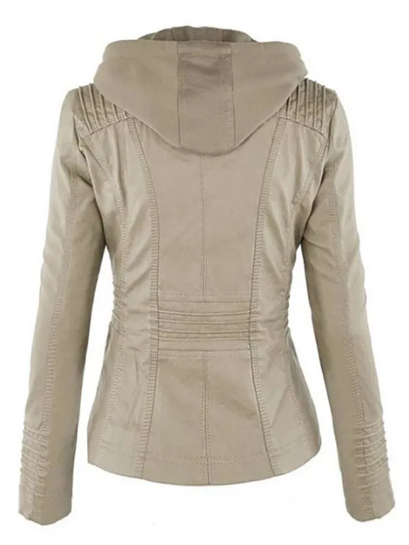 Veste Femme en Cuir Synthétique à Capuche avec Manches Longues à Zip Unicolore