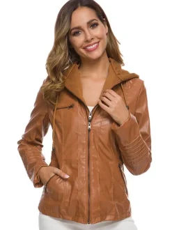 Veste Femme en Cuir Synthétique à Capuche avec Manches Longues à Zip Unicolore