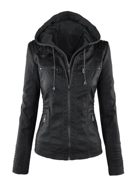 Veste Femme en Cuir Synthétique à Capuche avec Manches Longues à Zip Unicolore