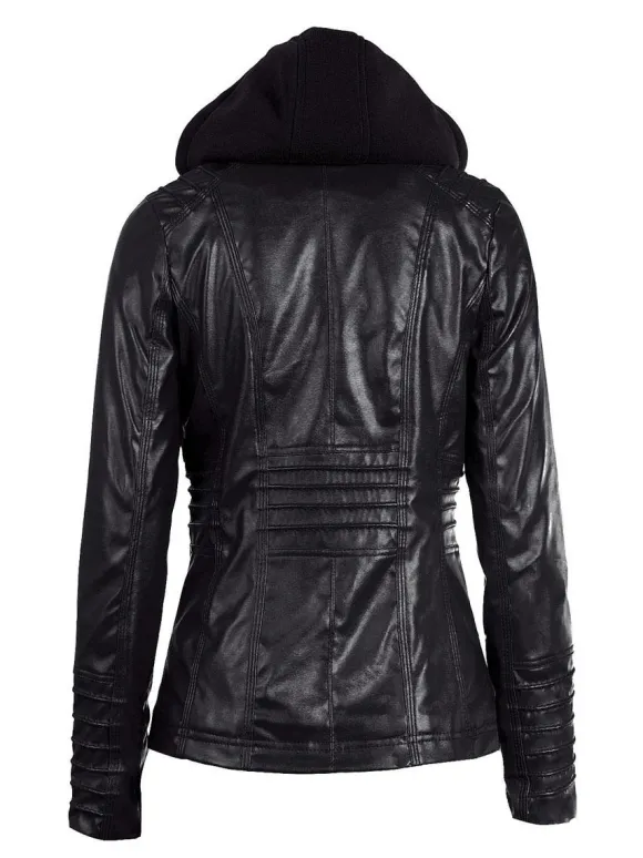 Veste Femme en Cuir Synthétique à Capuche avec Manches Longues à Zip Unicolore