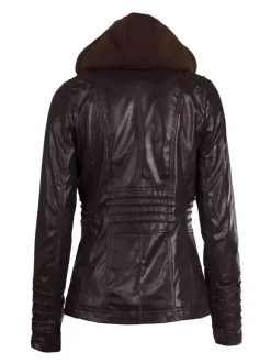 Veste Femme en Cuir Synthétique à Capuche avec Manches Longues à Zip Unicolore