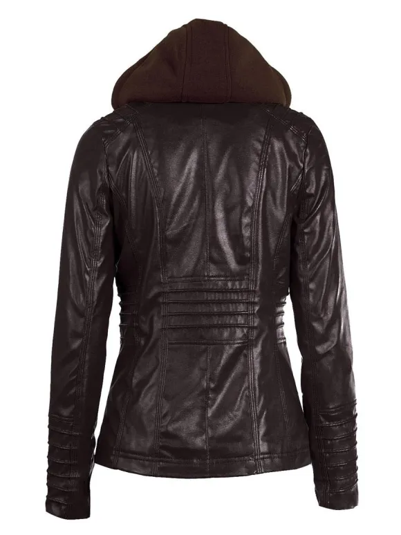 Veste Femme en Cuir Synthétique à Capuche avec Manches Longues à Zip Unicolore